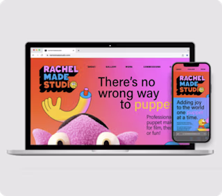 Rachel Made Studio website displayed on laptop and mobile, featuring a puppet design and the headline 'There’s no wrong way to puppet'.